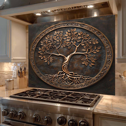 Bronze Circle Tempered Glass Backsplash – Copper Look Tree of Life Kitchen Backsplash