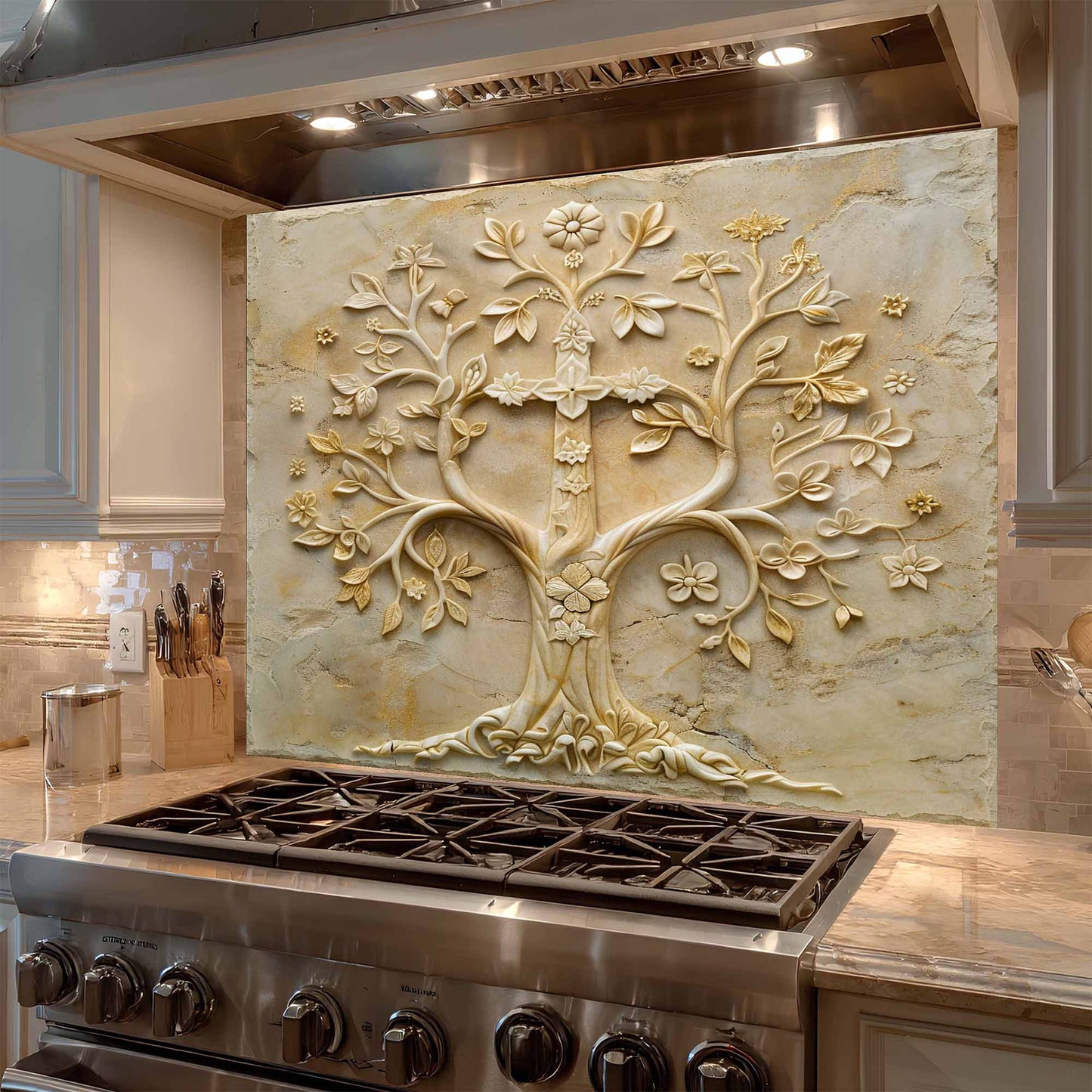 Floral Grace Tempered Glass Backsplash – Tree of Life Kitchen Backsplash for Stove
