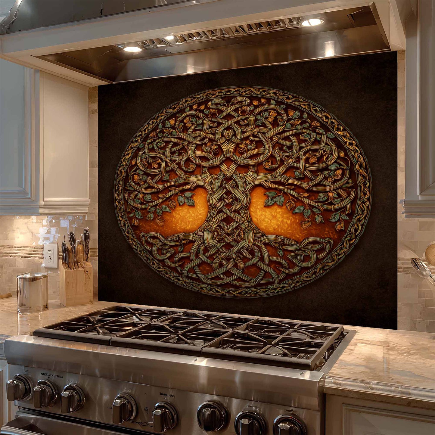 Celtic Flame Tempered Glass Backsplash – Tree of Life Kitchen Backsplash