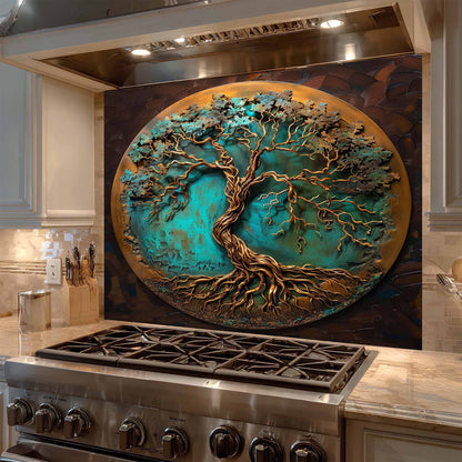 Verdigris Copper Tree Tempered Glass Backsplash – Rustic Glass Backsplash for Kitchen