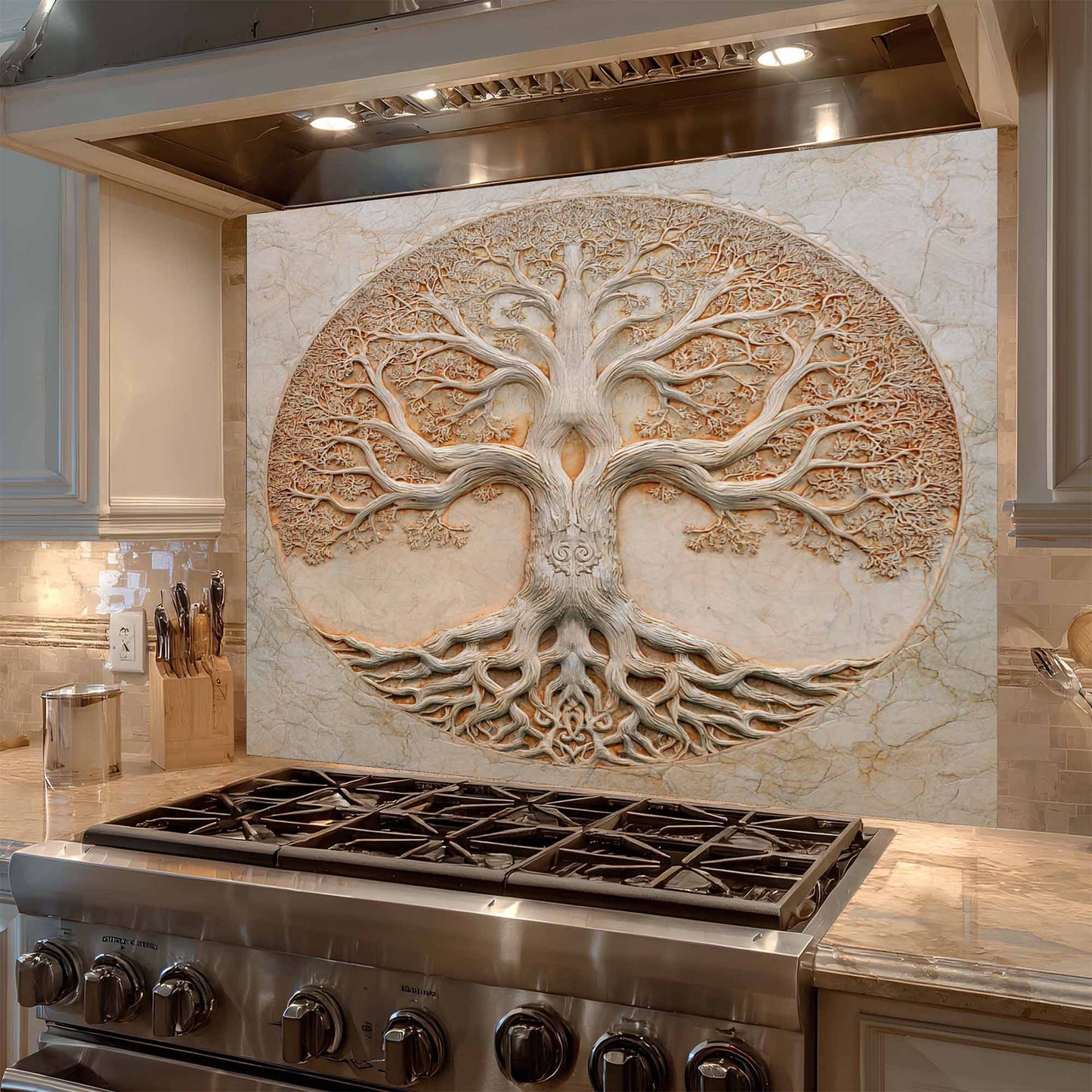 Circle Harmony Tempered Glass Backsplash – Tree of Life Kitchen Backsplash