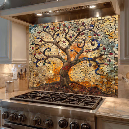 Tempered Glass Kitchen Backsplash – Mosaic Tree of Life Panel for Rustic & Artistic Kitchens