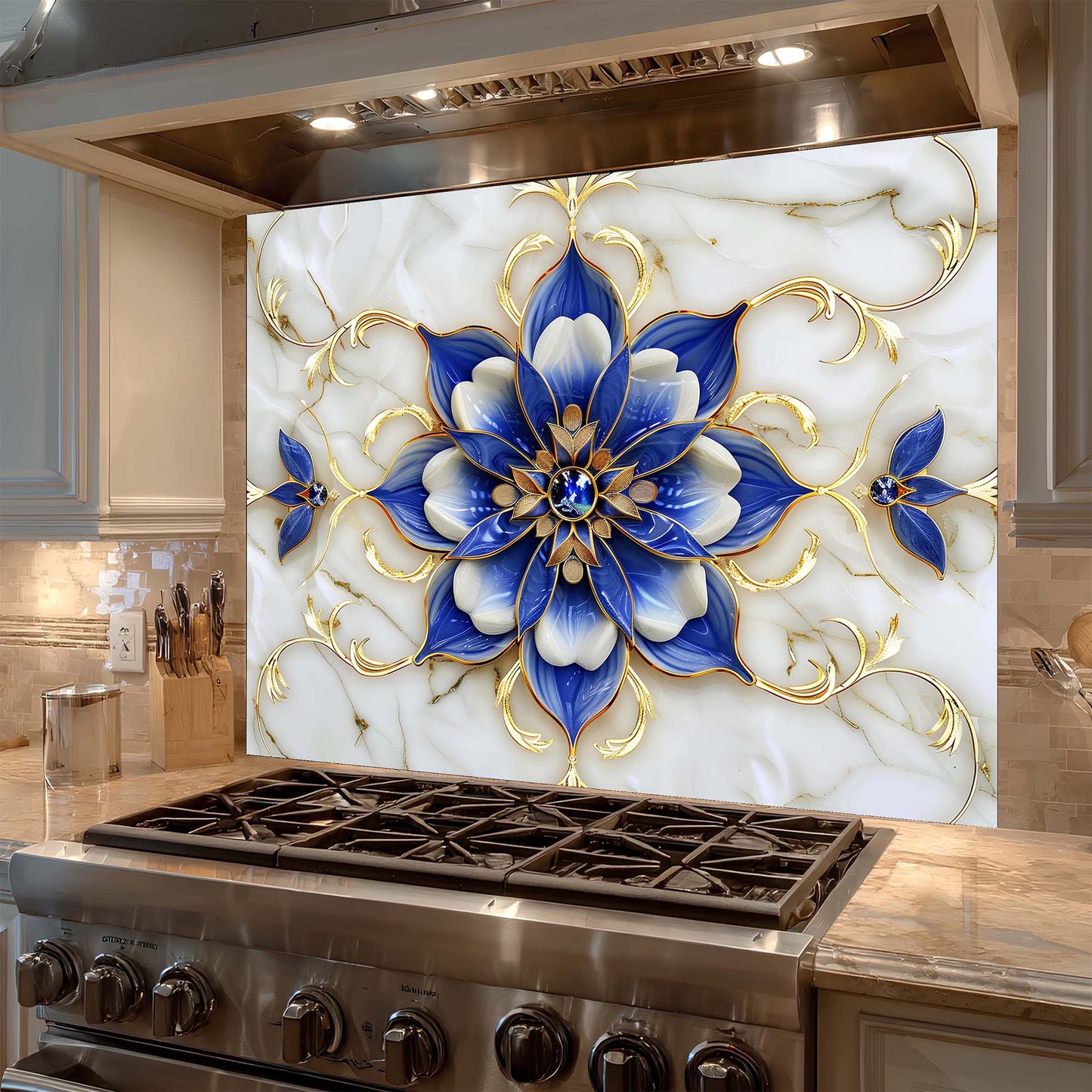Tempered Glass Backsplash for Kitchen – Royal Blue Blossom Custom Splashback