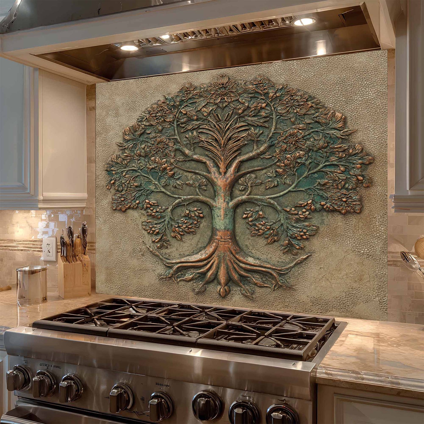 Verdigris Bloom Kitchen Backsplash – Tree of Life Glass Backsplash for Stove