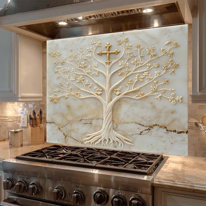 Divine Ivory Tempered Glass Backsplash – Gold Cross Tree of Life Kitchen Backsplash