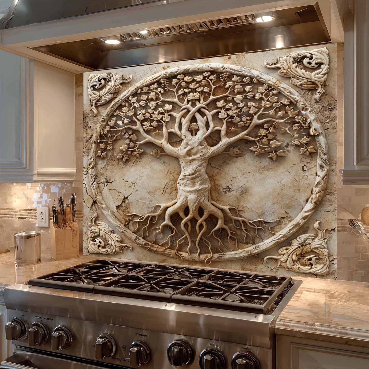 Sacred Blossom Tempered Glass Backsplash –  Tree of Life Kitchen Backsplash