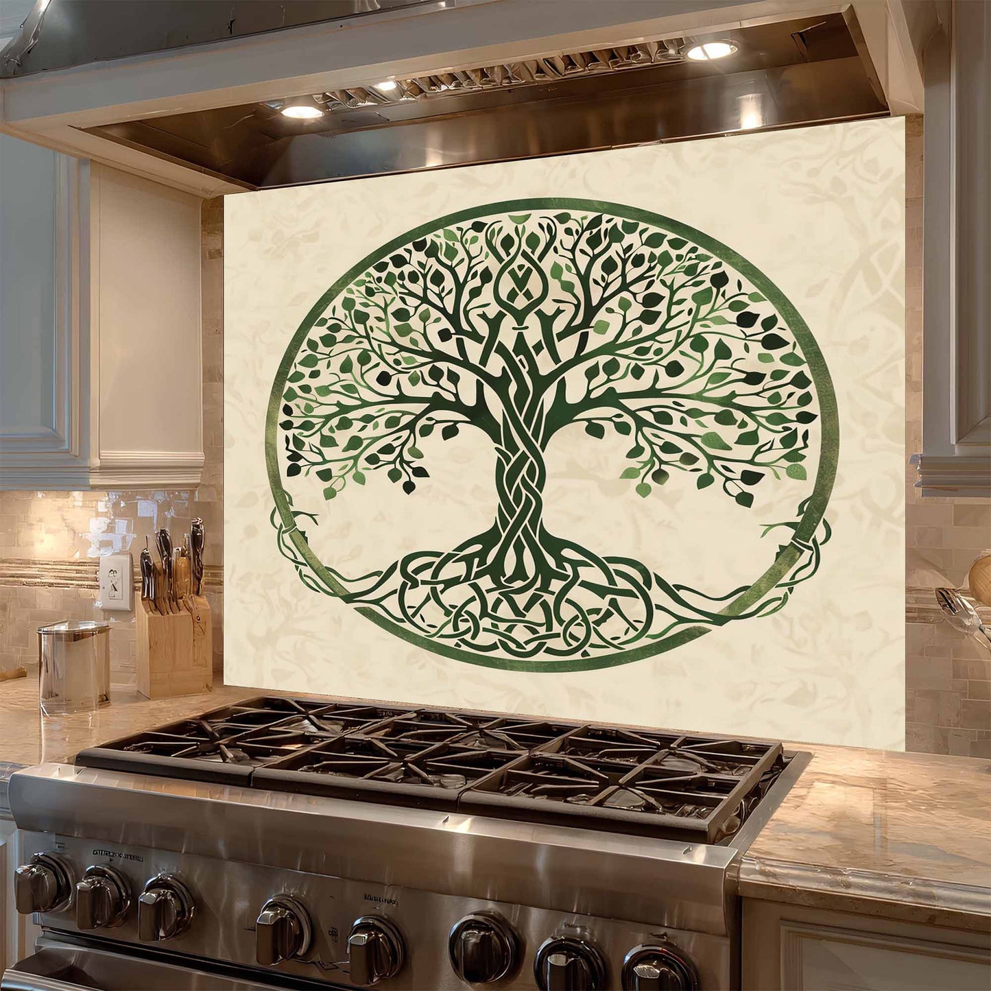 Celtic Roots Tempered Glass Backsplash – Green Tree of Life Kitchen Backsplash for Stove