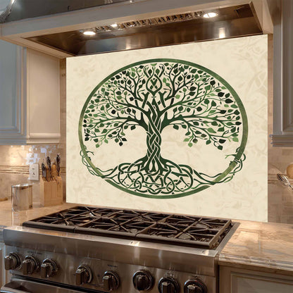 Celtic Roots Tempered Glass Backsplash – Green Tree of Life Kitchen Backsplash for Stove