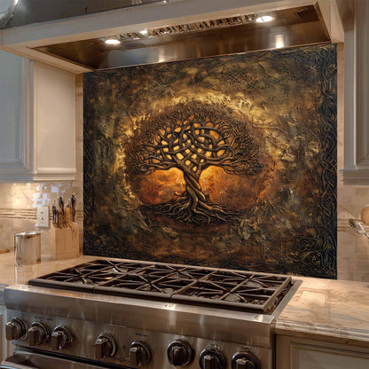 Mystic Ember Tempered Glass Backsplash – Tree of Life Kitchen Backsplash for Stove