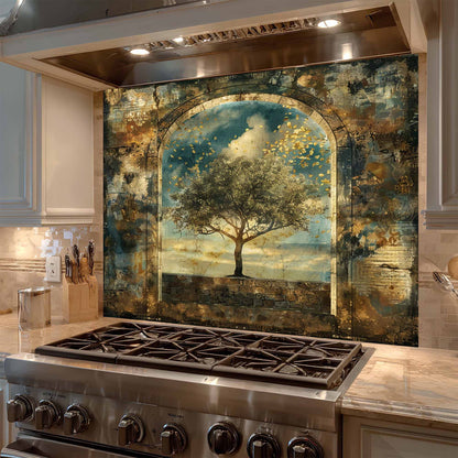 Golden Silence Tempered Glass Backsplash – Tree of Life Kitchen Backsplash