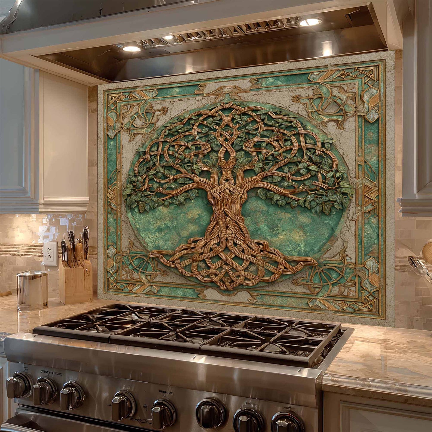 Verdant Weave Tempered Glass Backsplash – Tree of Life Kitchen Backsplash