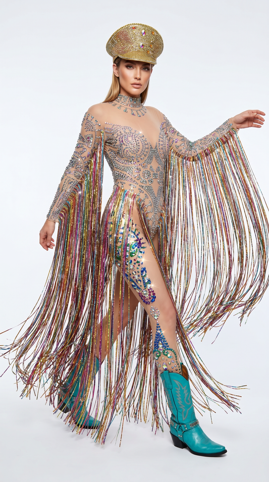 The Elton Rhinestone Fringe Bodysuit | Long Tassel Festival, Drag & Stage Outfit – Manifestie