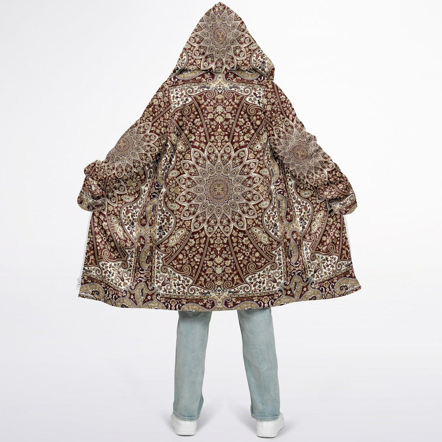 Classic Red Persian Carpet Cuddle Coat | Unisex Minky Sherpa Lined Coat with Hood, Zipper and Pockets | Women and Mens Festival Coat | Mountain Fashion