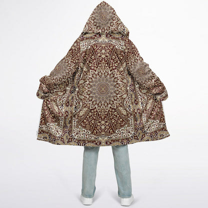 Classic Red Persian Carpet Cuddle Coat | Unisex Minky Sherpa Lined Coat with Hood, Zipper and Pockets | Women and Mens Festival Coat | Mountain Fashion