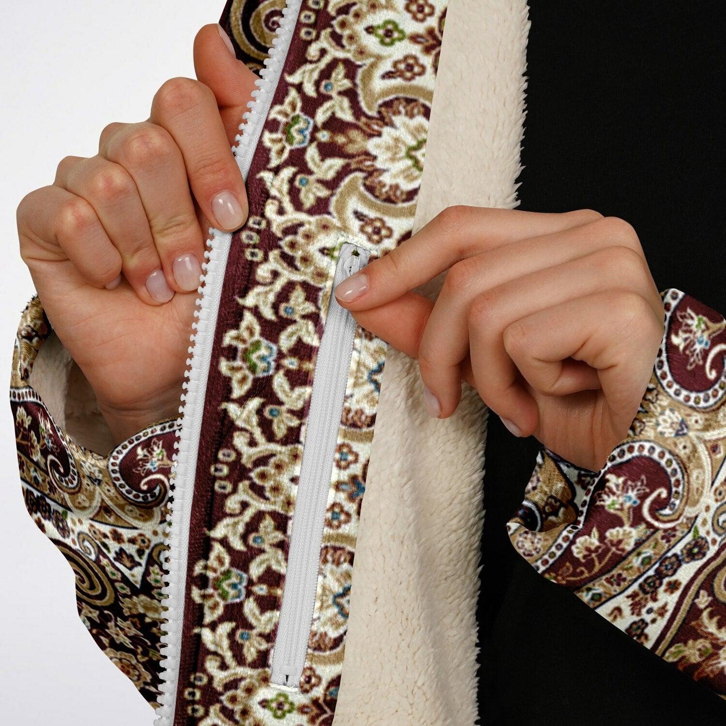 Classic Red Persian Carpet Cuddle Coat | Unisex Minky Sherpa Lined Coat with Hood, Zipper and Pockets | Women and Mens Festival Coat | Mountain Fashion